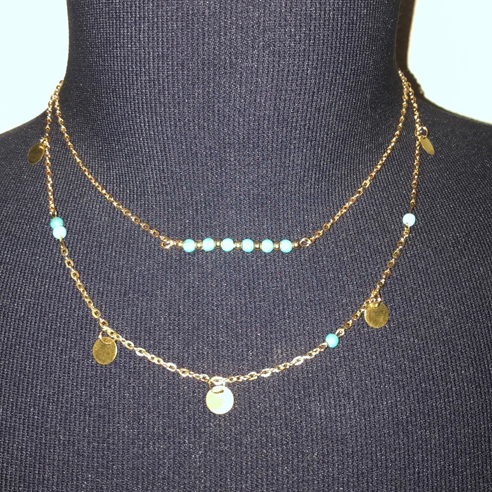 gold and turquoise bead and chain necklace